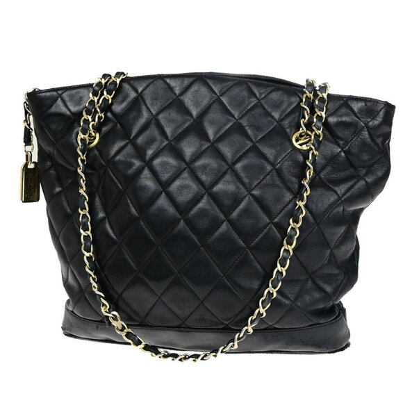 CHANEL CC Logo Matelasse Chain Shoulder Tote Bag Leather Black - Picture 1 of 14